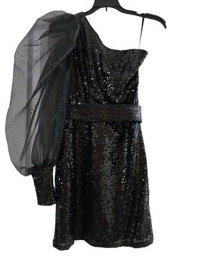 Black One-Shoulder Sequin Dress with Dramatic Puff Sleeve